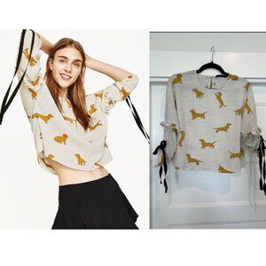 Zara Women Mustard Dachshund Dog Print Polka Dot Blouse – XS